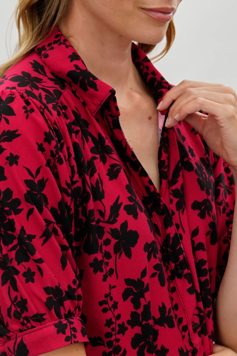 Floral Puff Sleeve Button Down Blouse - Red - Image 4