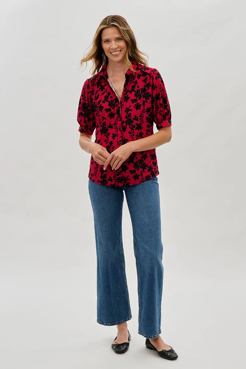 Floral Puff Sleeve Button Down Blouse - Red - Image 5