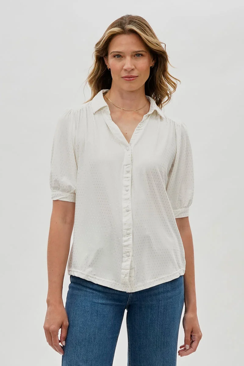 Patterned Puff Sleeve Button Down Blouse - White