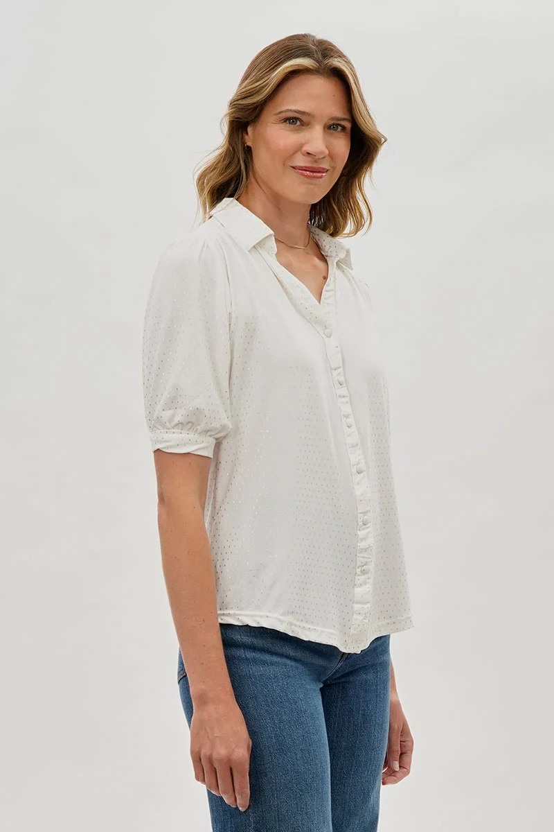 Patterned Puff Sleeve Button Down Blouse - White - Image 2