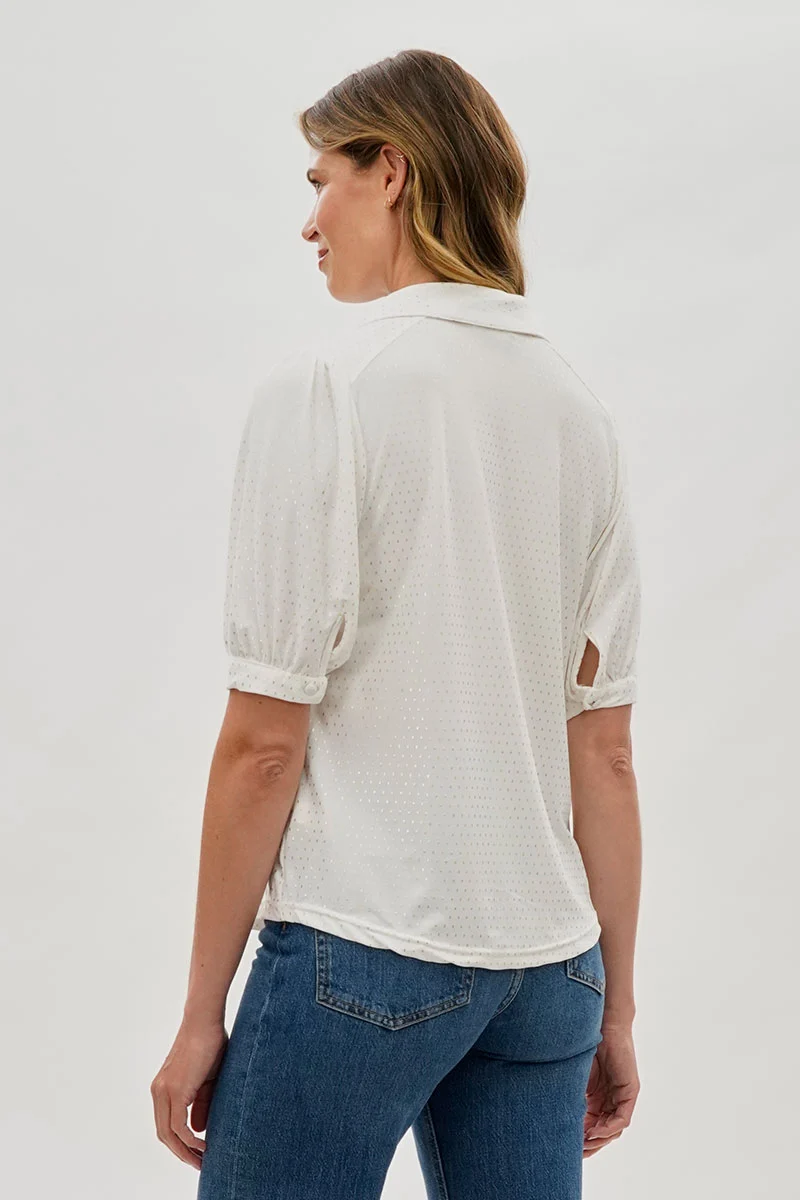 Patterned Puff Sleeve Button Down Blouse - White - Image 3