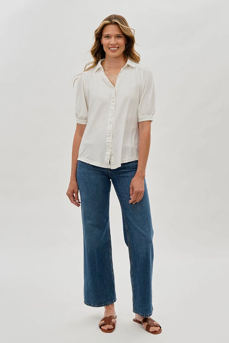 Patterned Puff Sleeve Button Down Blouse - White - Image 5