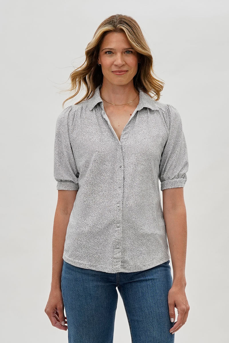 Patterned Puff Sleeve Button Down Blouse - Grey