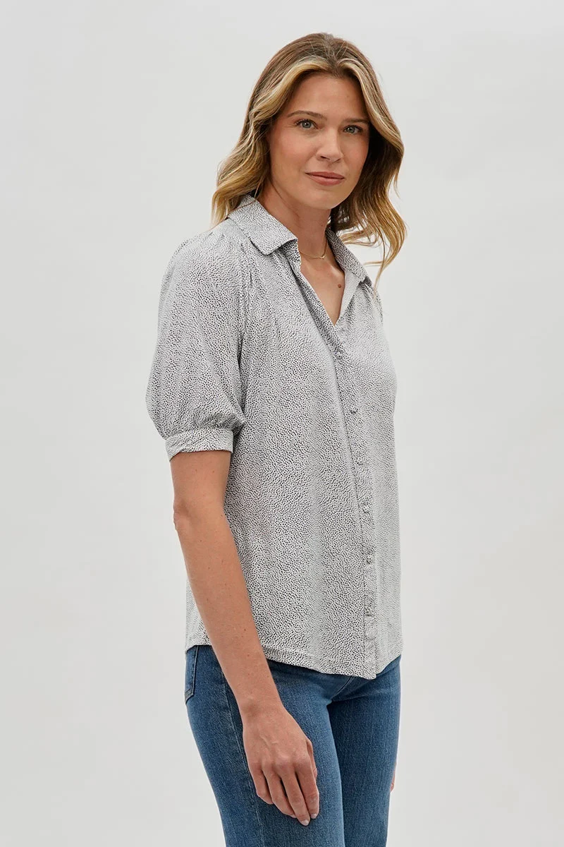 Patterned Puff Sleeve Button Down Blouse - Grey - Image 2