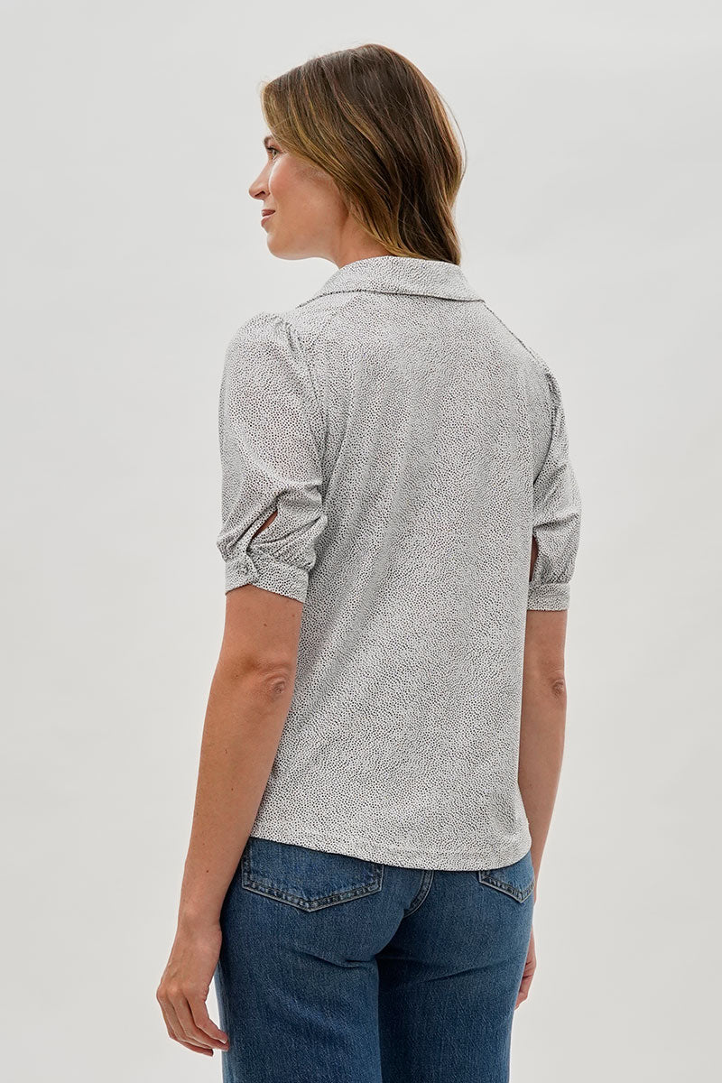 Patterned Puff Sleeve Button Down Blouse - Grey - Image 3