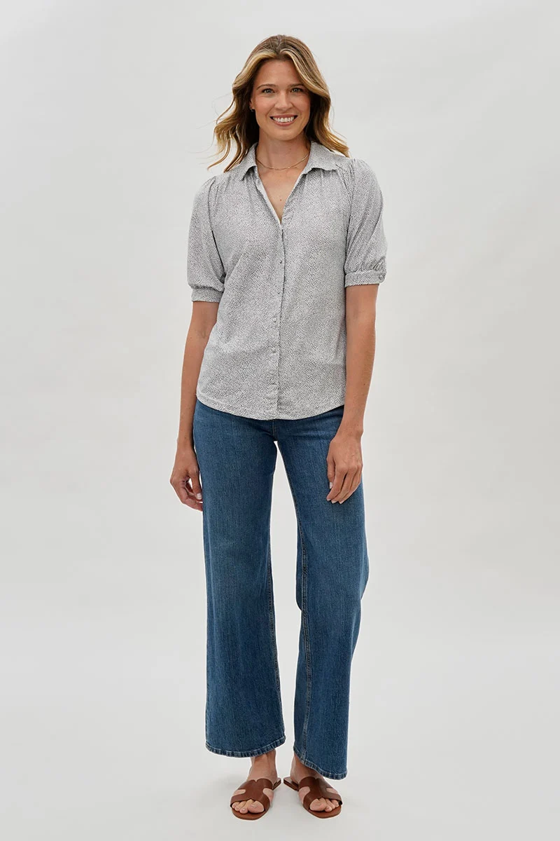 Patterned Puff Sleeve Button Down Blouse - Grey - Image 5