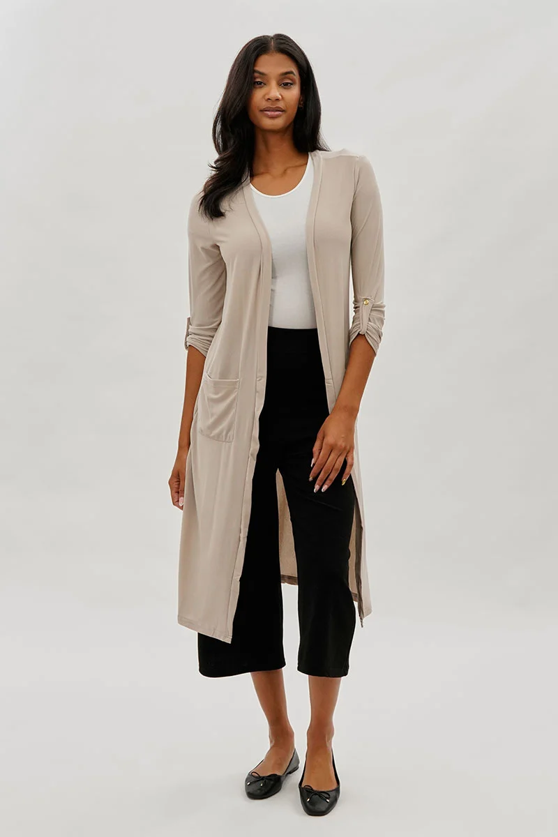 Open Front Lightweight Duster Cardigan - Beige - Image 5