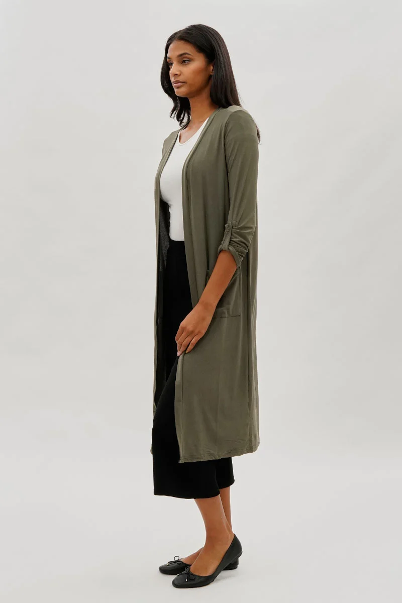 Open Front Lightweight Duster Cardigan - Olive - Image 2