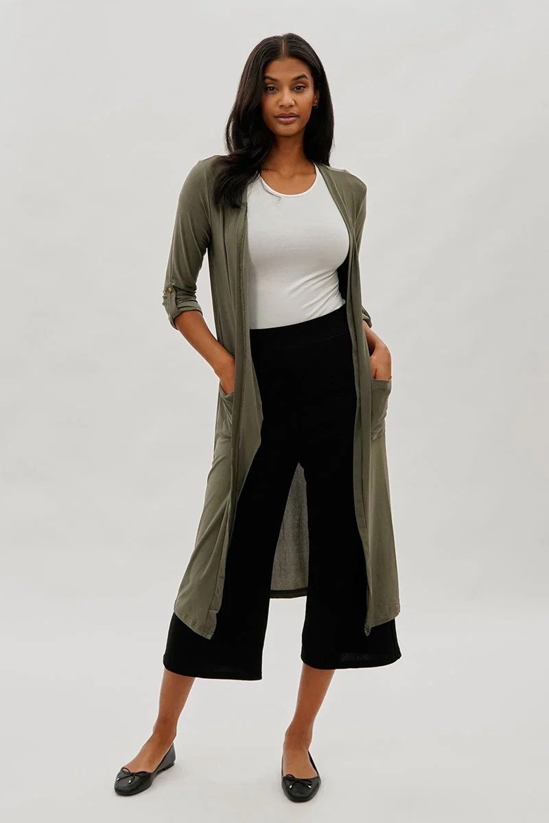 Open Front Lightweight Duster Cardigan - Olive - Image 5