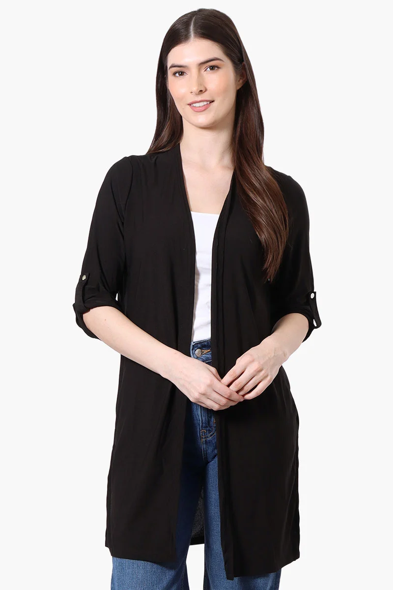 Roll Up Sleeve Open Duster Cardigan - Black