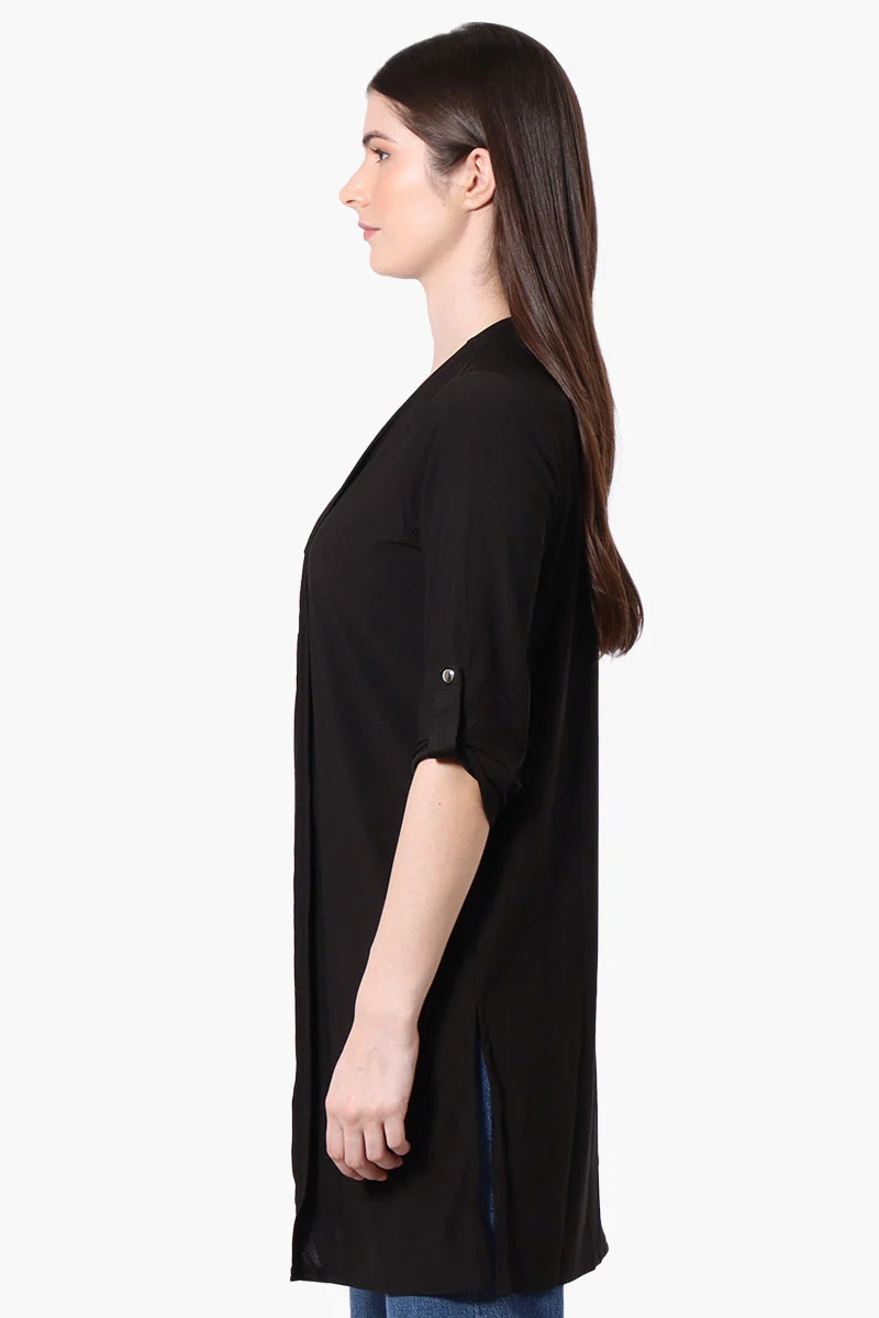 Roll Up Sleeve Open Duster Cardigan - Black - Image 2