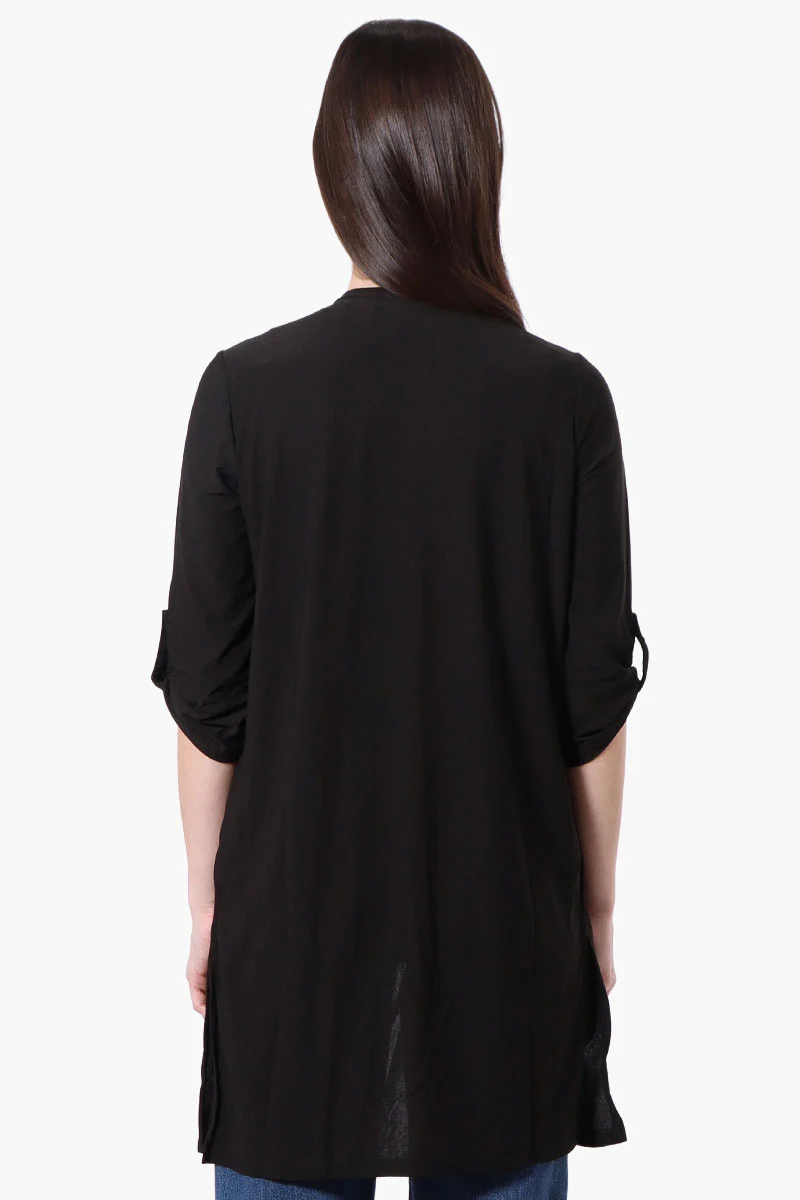 Roll Up Sleeve Open Duster Cardigan - Black - Image 3