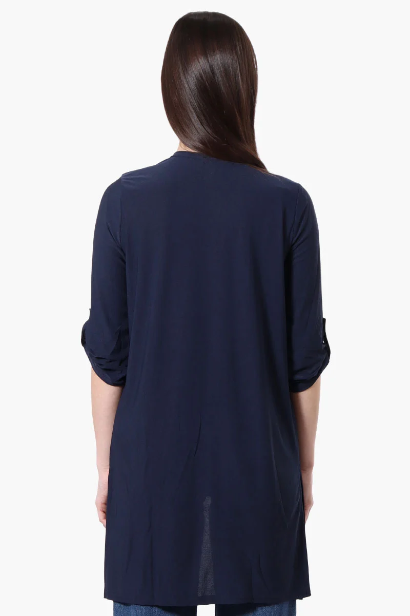 Roll Up Sleeve Open Duster Cardigan - Navy - Image 3