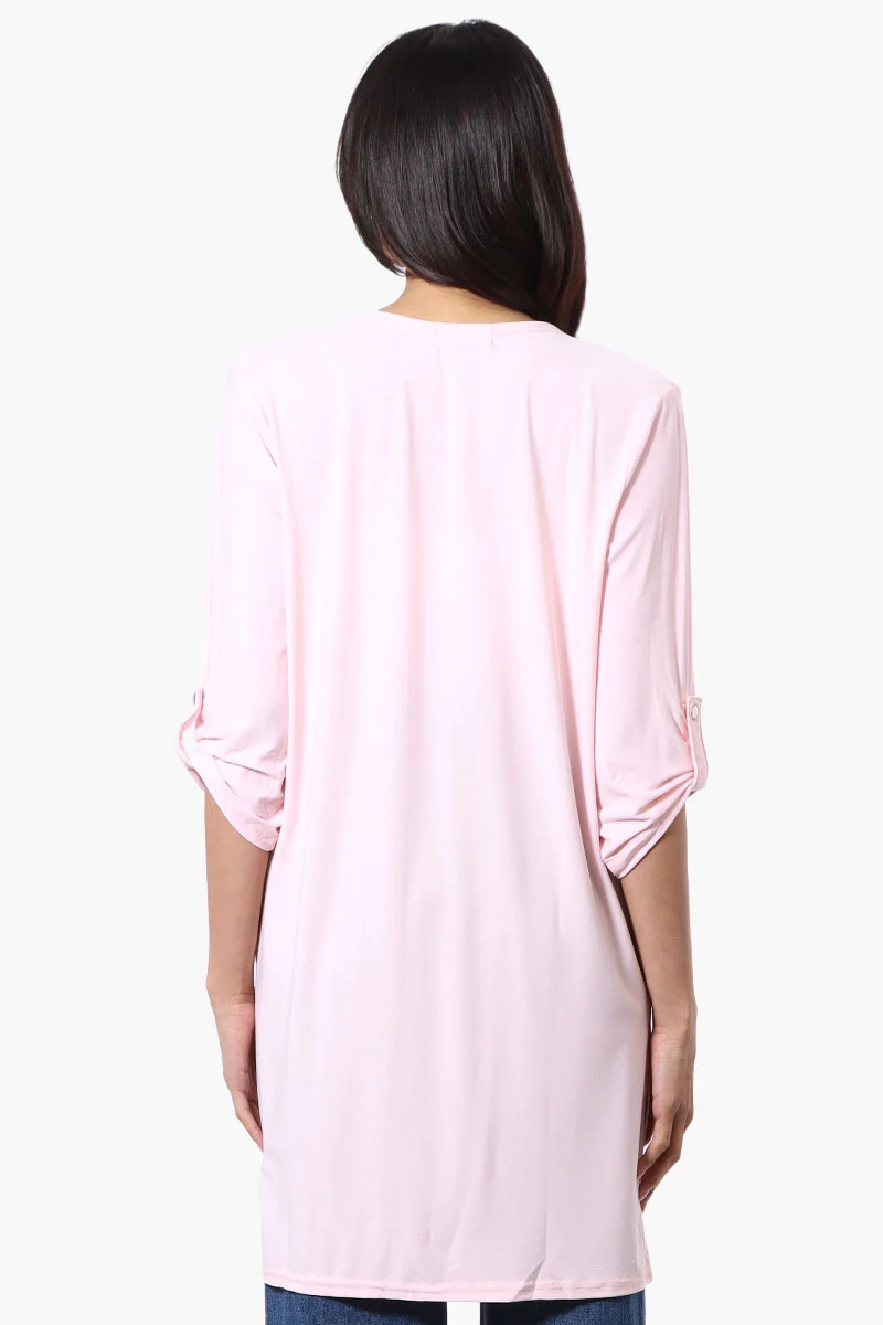 Roll Up Sleeve Open Duster Cardigan - Pink - Image 3
