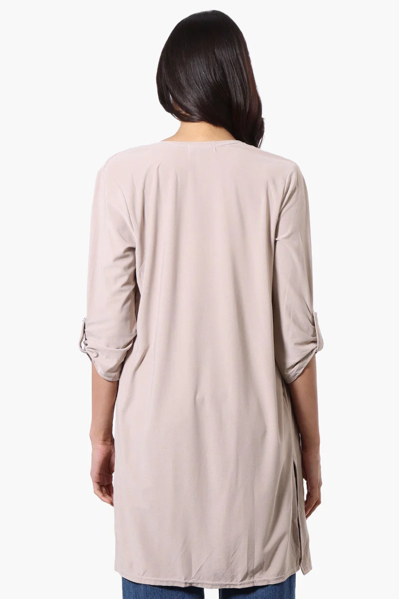 Roll Up Sleeve Open Duster Cardigan - Beige - Image 3