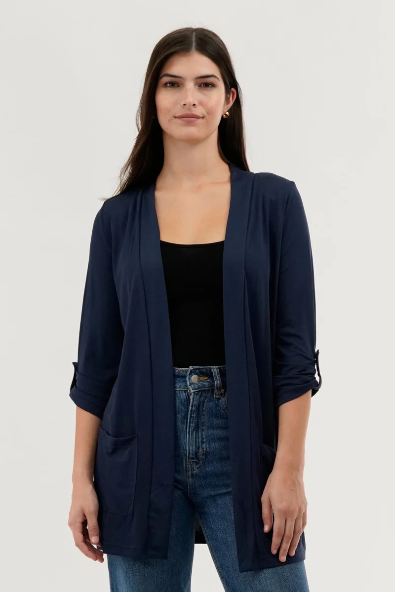 Roll Up Sleeve Wrap Cardigan - Navy