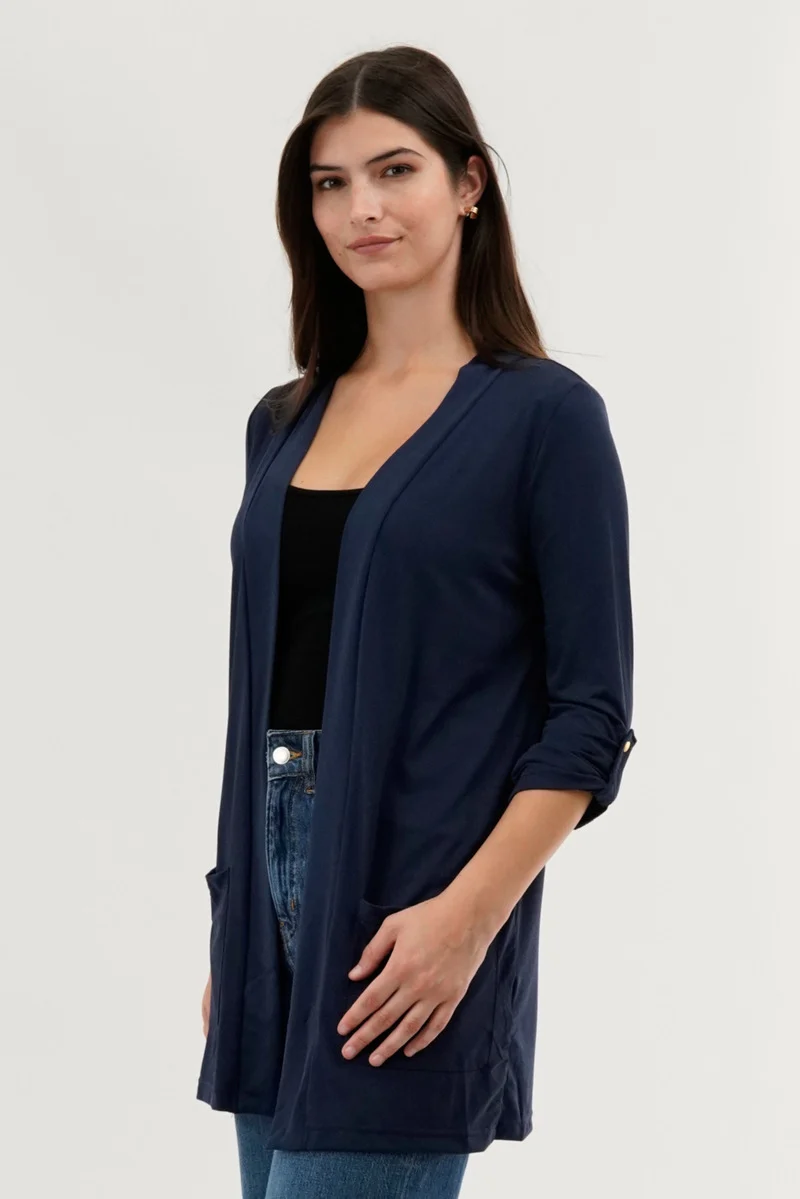 Roll Up Sleeve Wrap Cardigan - Navy - Image 2