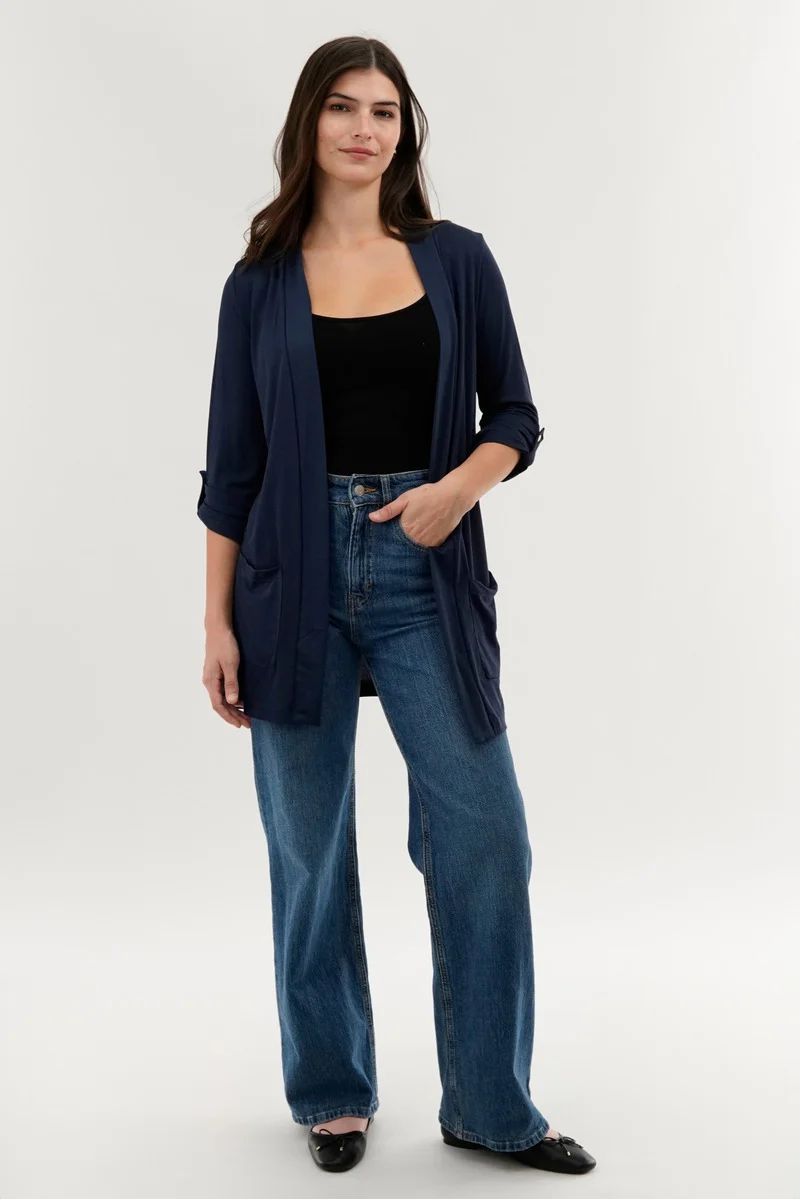 Roll Up Sleeve Wrap Cardigan - Navy - Image 5