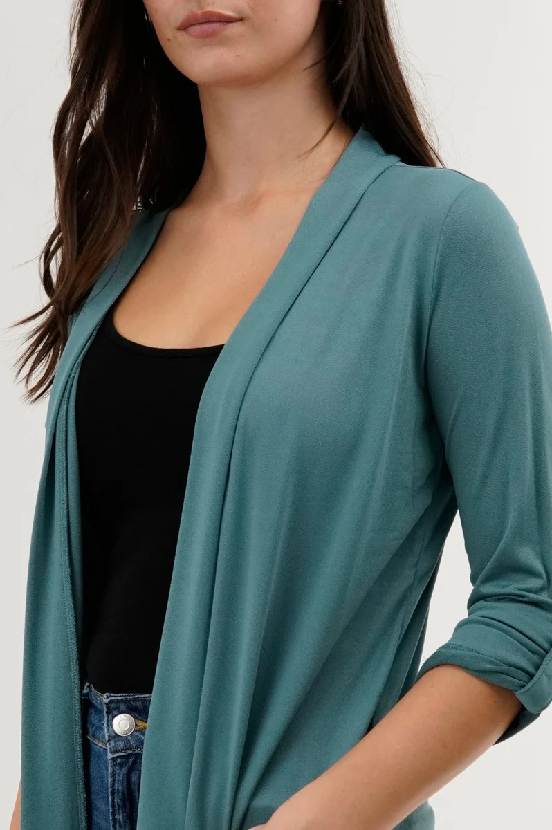 Roll Up Sleeve Wrap Cardigan - Teal - Image 4