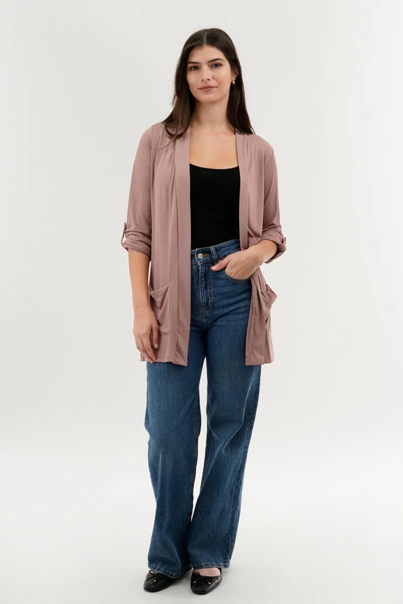 Roll Up Sleeve Wrap Cardigan - Pink - Image 5