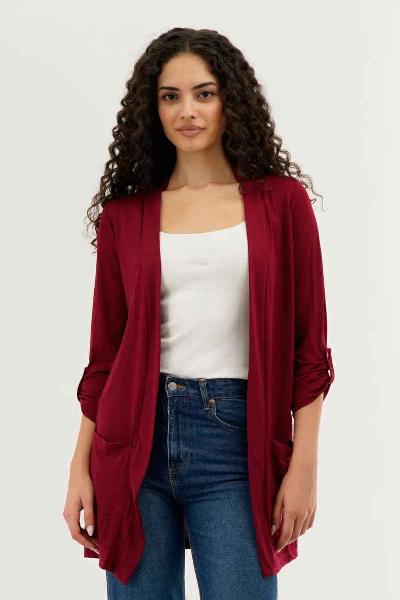 Roll Up Sleeve Wrap Cardigan - Burgundy