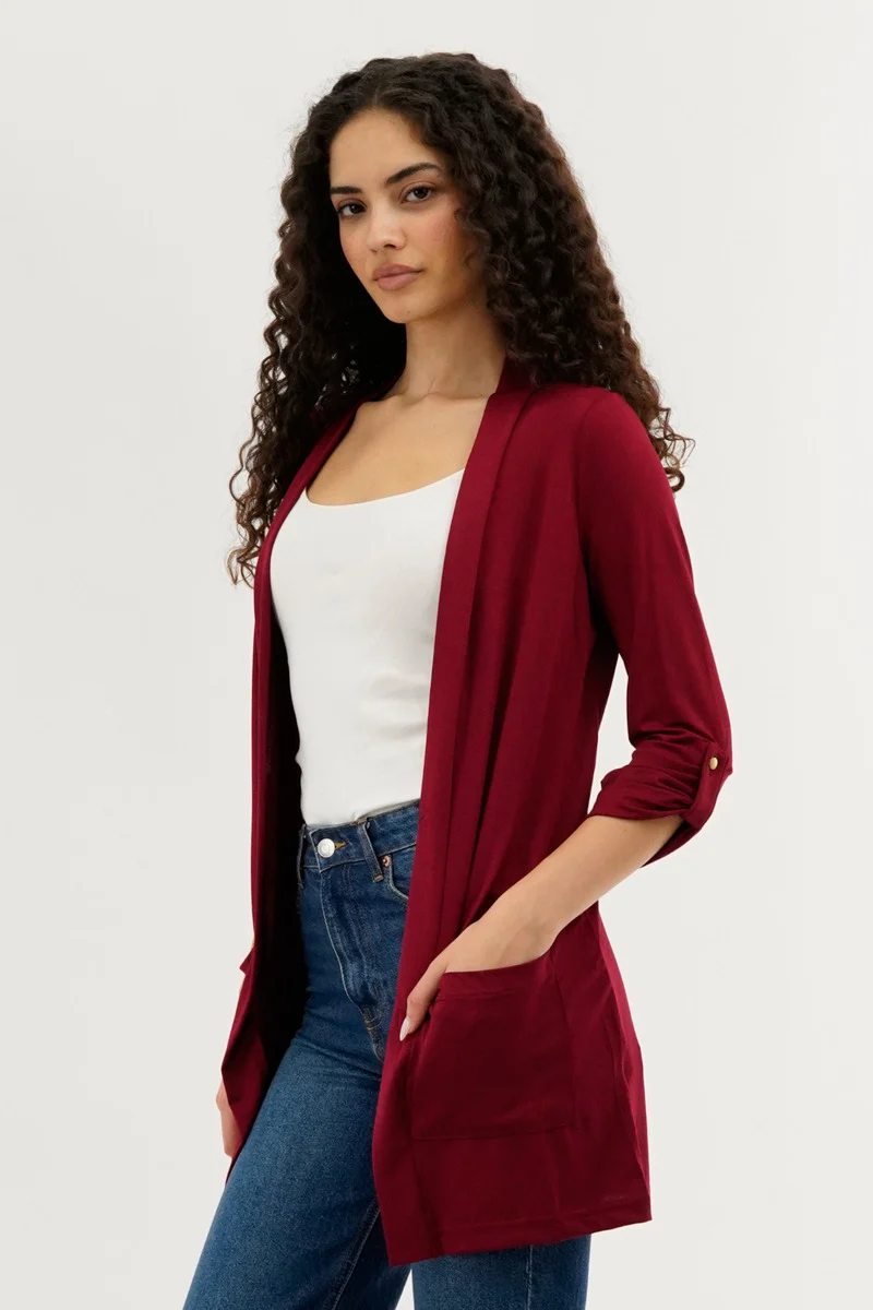 Roll Up Sleeve Wrap Cardigan - Burgundy - Image 2