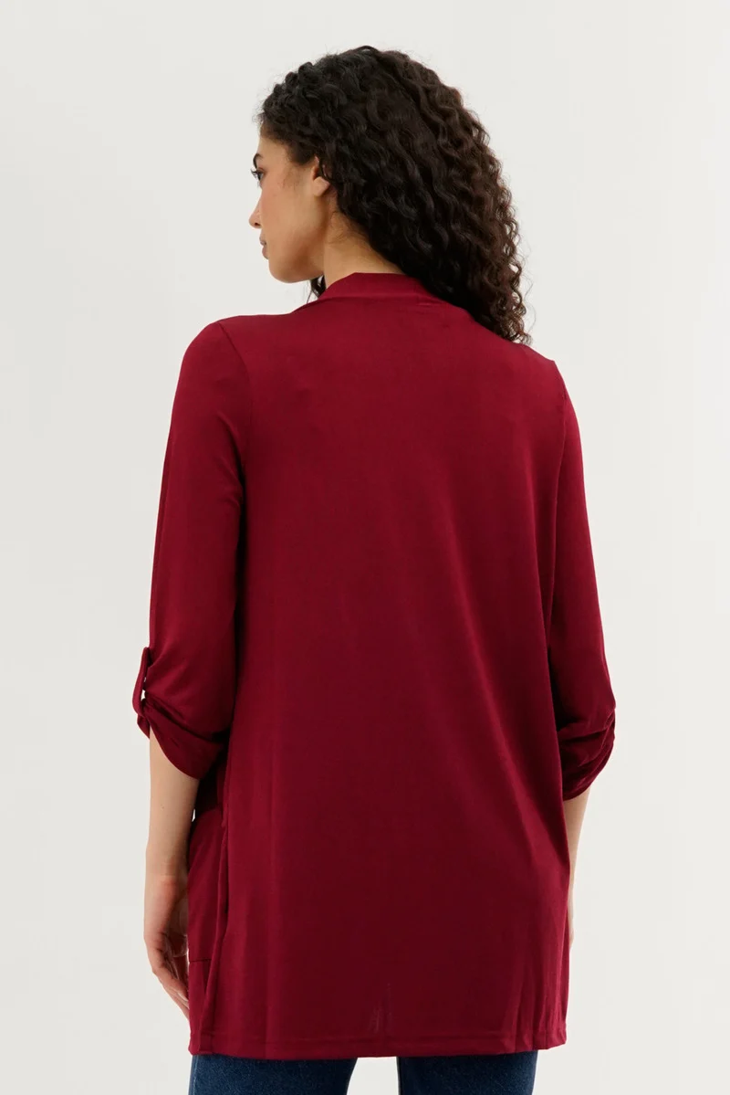 Roll Up Sleeve Wrap Cardigan - Burgundy - Image 3