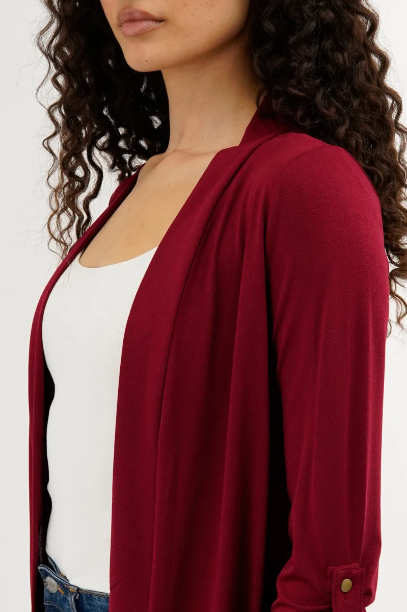 Roll Up Sleeve Wrap Cardigan - Burgundy - Image 4