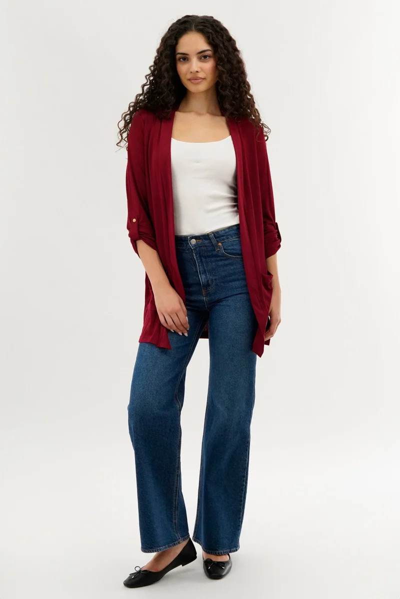 Roll Up Sleeve Wrap Cardigan - Burgundy - Image 5