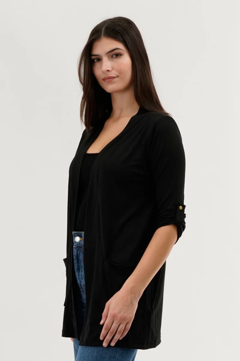 Roll Up Sleeve Wrap Cardigan - Black - Image 2