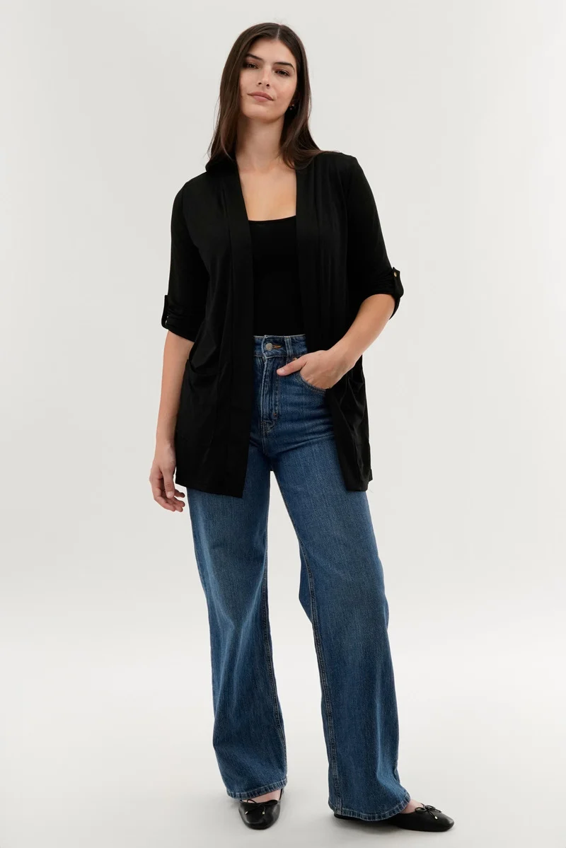 Roll Up Sleeve Wrap Cardigan - Black - Image 5