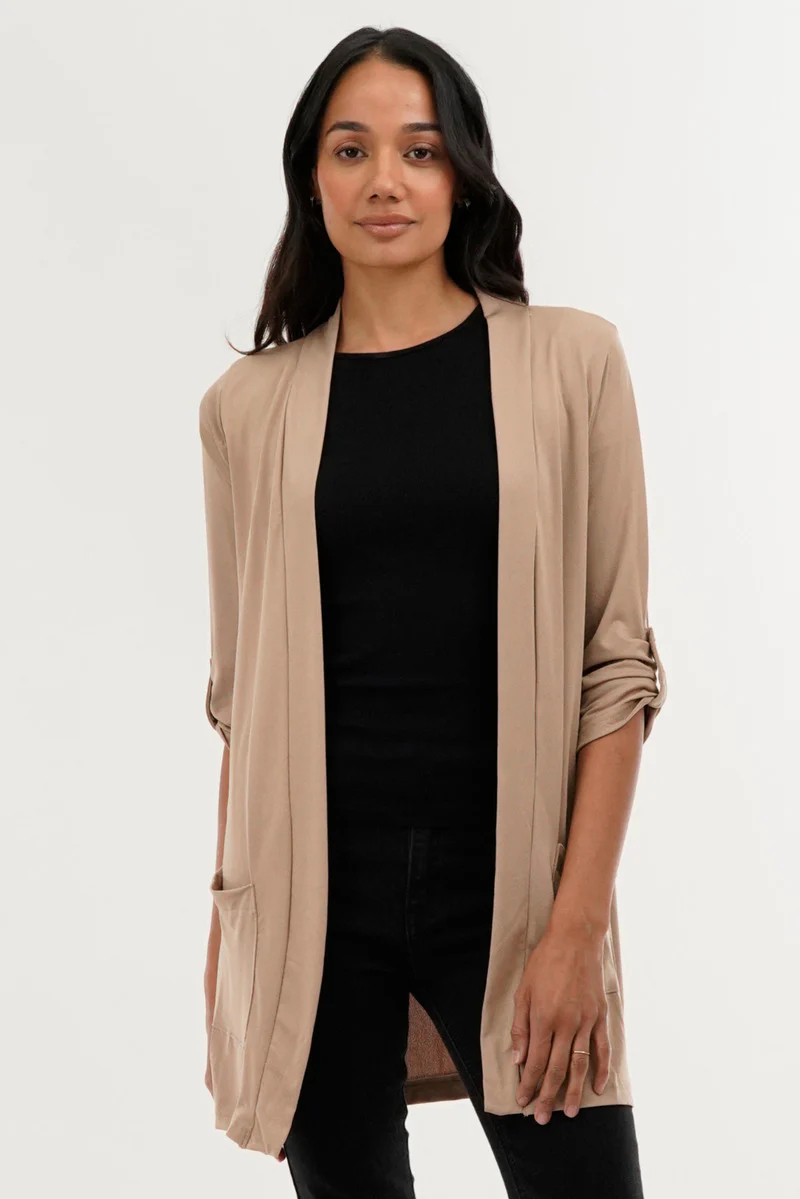 Roll Up Sleeve Wrap Cardigan - Beige