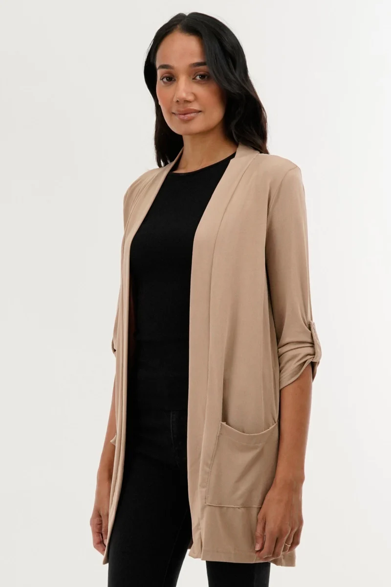 Roll Up Sleeve Wrap Cardigan - Beige - Image 2