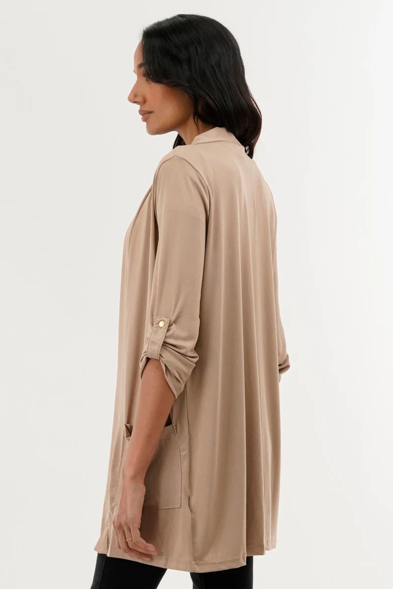 Roll Up Sleeve Wrap Cardigan - Beige - Image 3