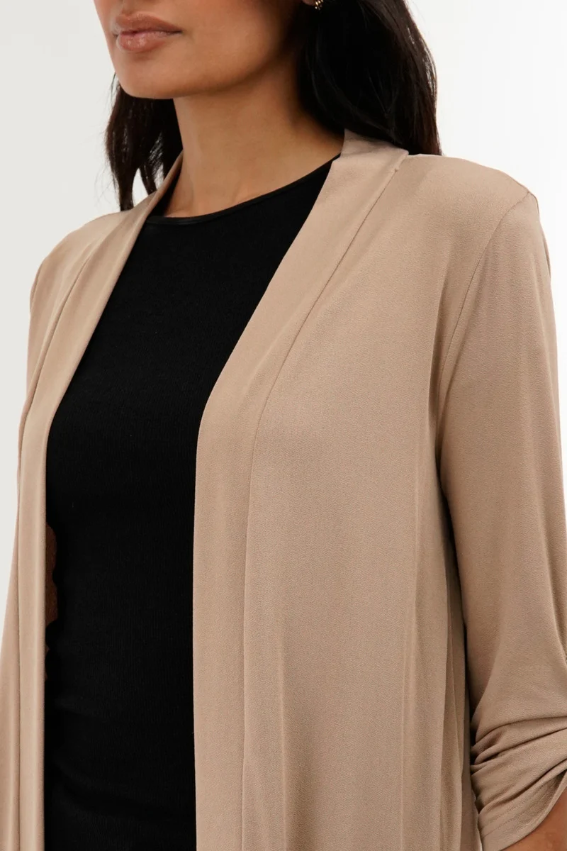 Roll Up Sleeve Wrap Cardigan - Beige - Image 4