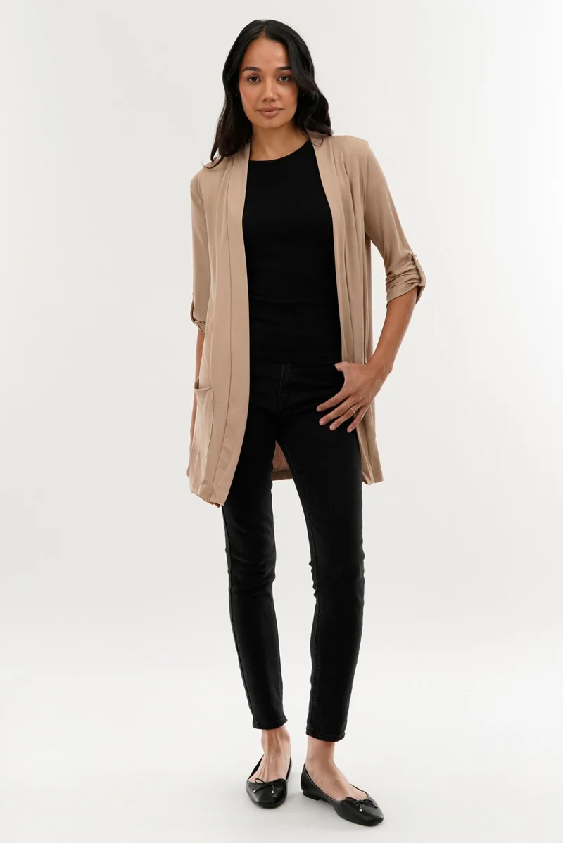 Roll Up Sleeve Wrap Cardigan - Beige - Image 5