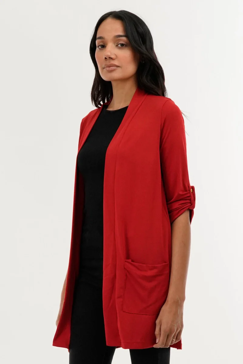 Roll Up Sleeve Wrap Cardigan - Red - Image 2