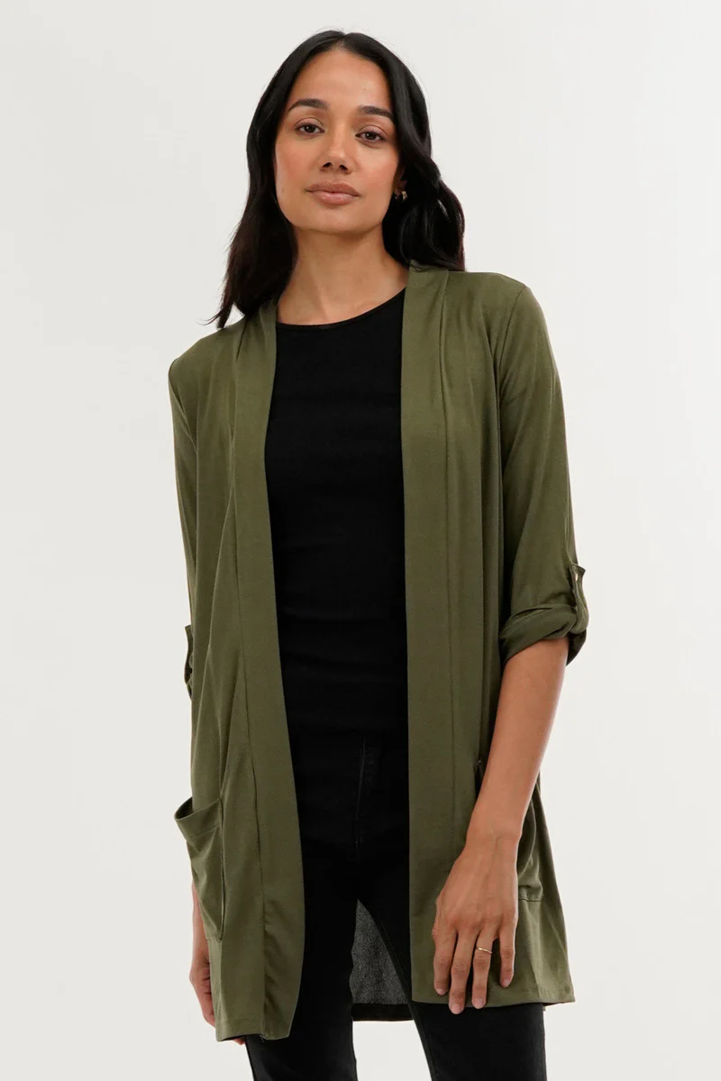Roll Up Sleeve Wrap Cardigan - Olive