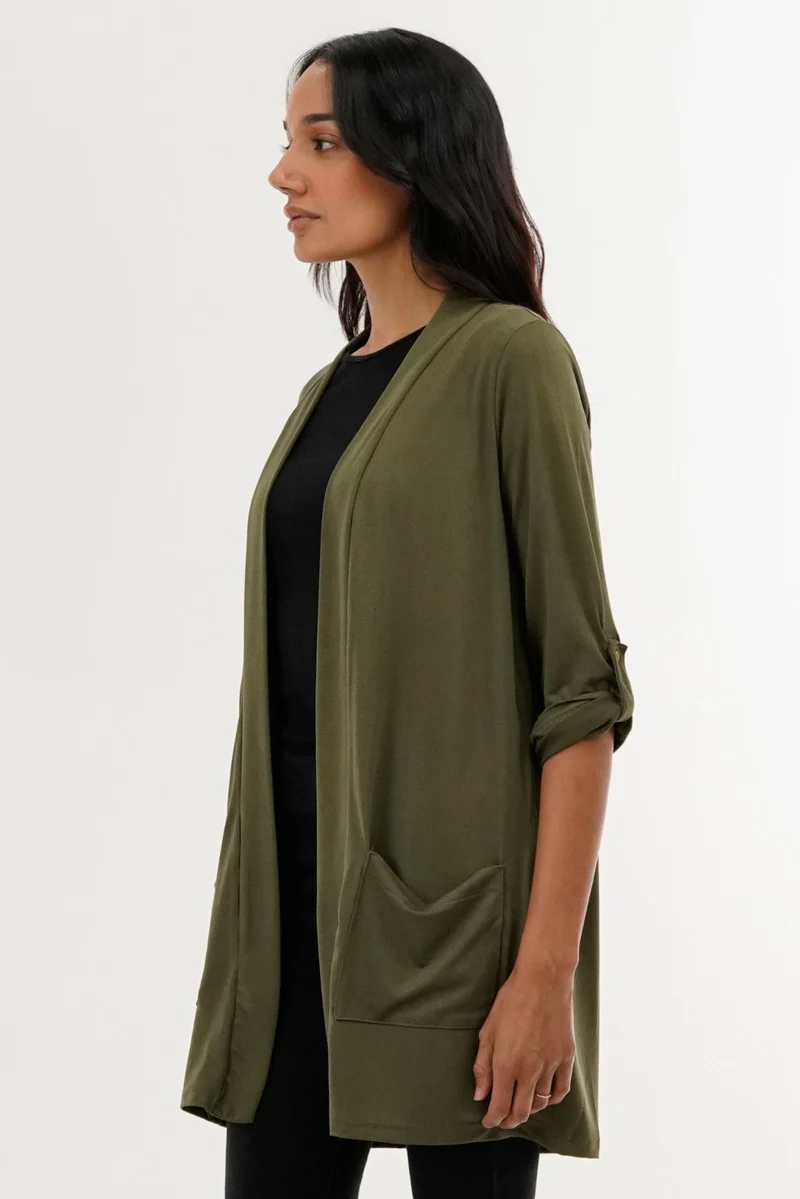 Roll Up Sleeve Wrap Cardigan - Olive - Image 2