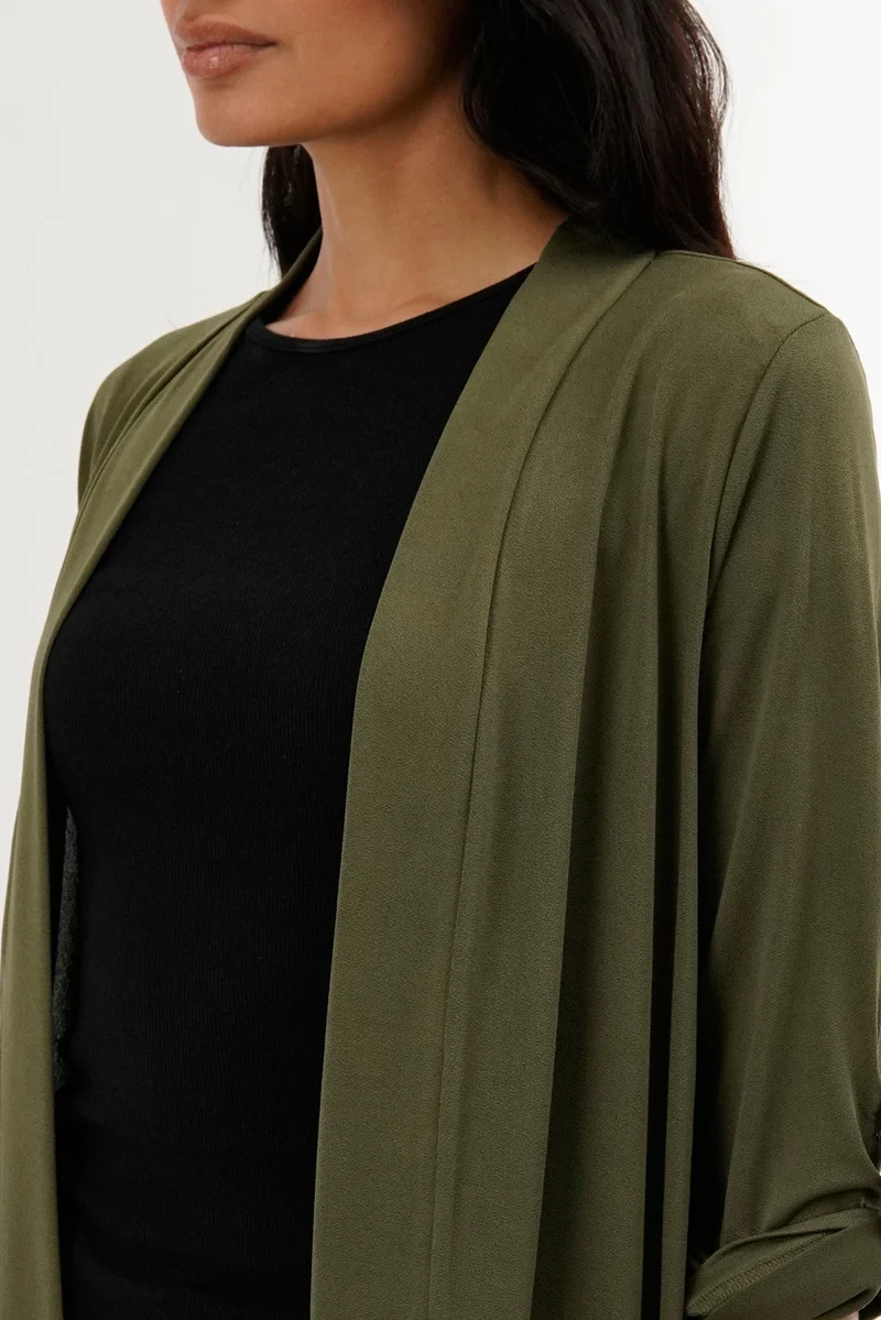 Roll Up Sleeve Wrap Cardigan - Olive - Image 4