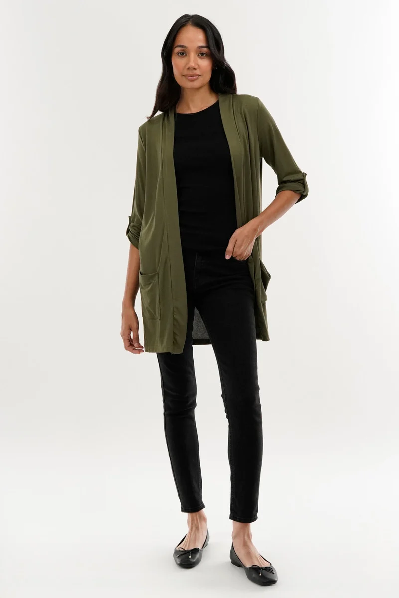 Roll Up Sleeve Wrap Cardigan - Olive - Image 5