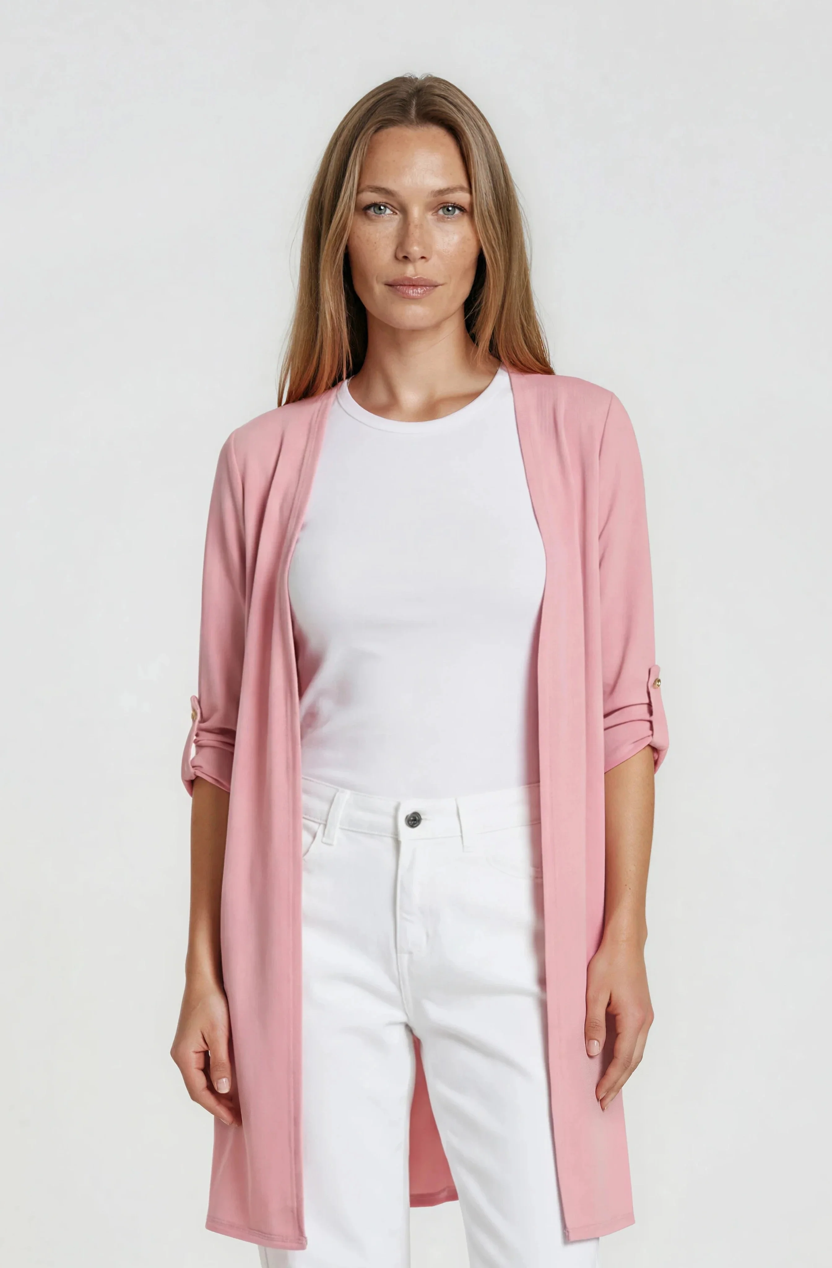 Long Open Front Cardigan - Pink
