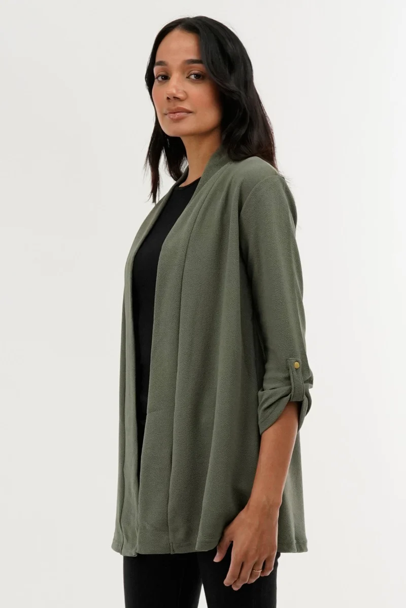 Roll Up Sleeve Cardigan - Olive - Image 2