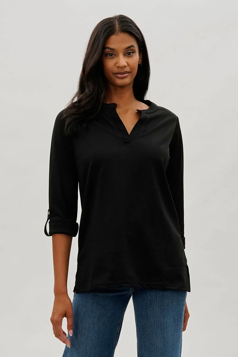 Split Neck Roll Up Sleeve Blouse - Black