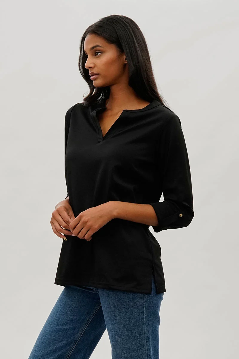 Split Neck Roll Up Sleeve Blouse - Black - Image 2