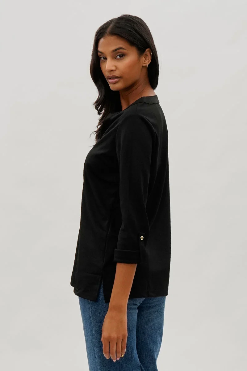 Split Neck Roll Up Sleeve Blouse - Black - Image 3