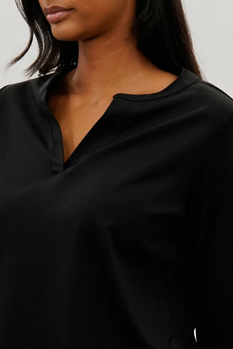 Split Neck Roll Up Sleeve Blouse - Black - Image 4