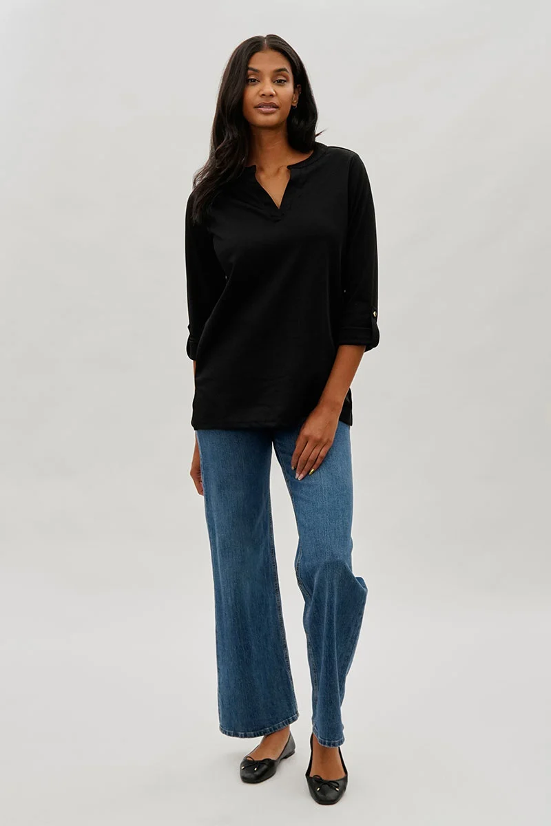 Split Neck Roll Up Sleeve Blouse - Black - Image 5