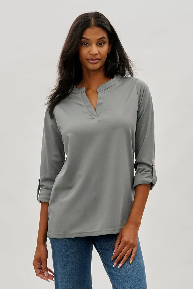 Split Neck Roll Up Sleeve Blouse - Grey