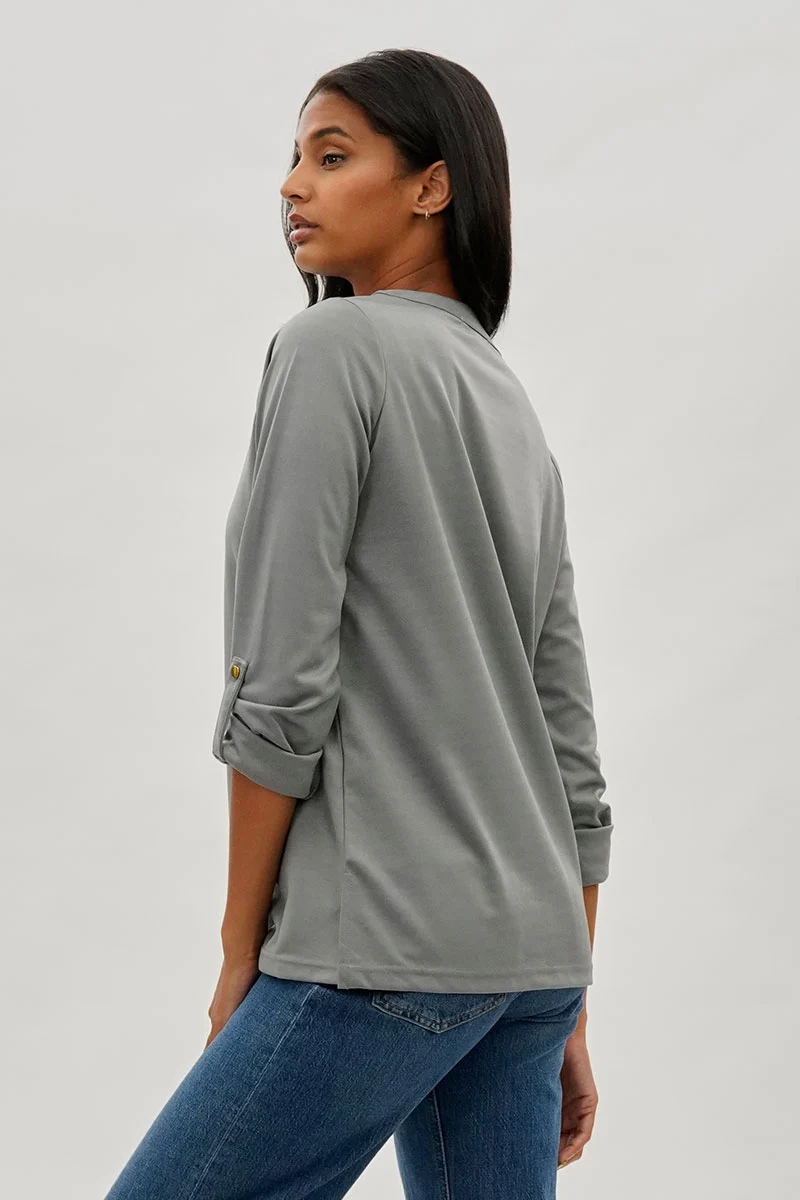 Split Neck Roll Up Sleeve Blouse - Grey - Image 3